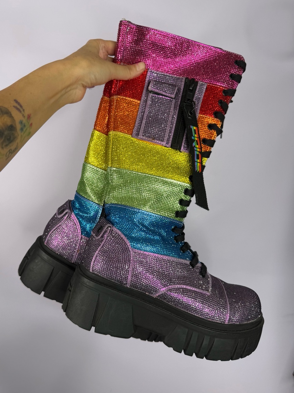 Club Exx Rainbow Rhinestone Platform Combat Boots, sz 9 - Picture 3 of 5